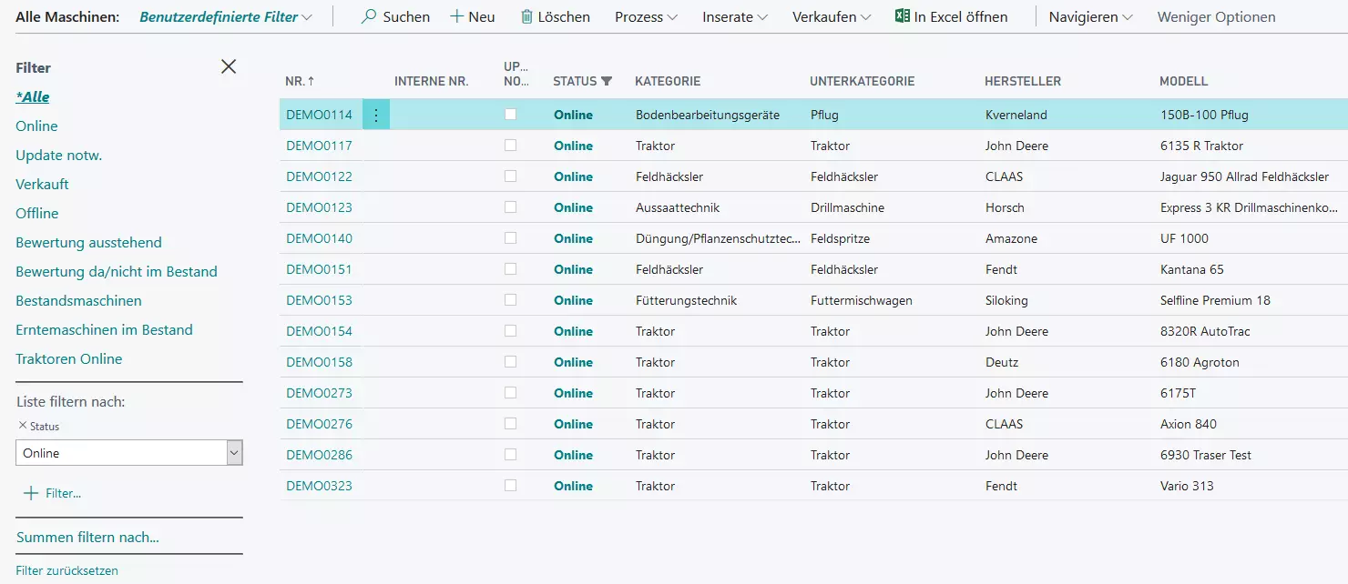 Gefilterte Maschinenliste