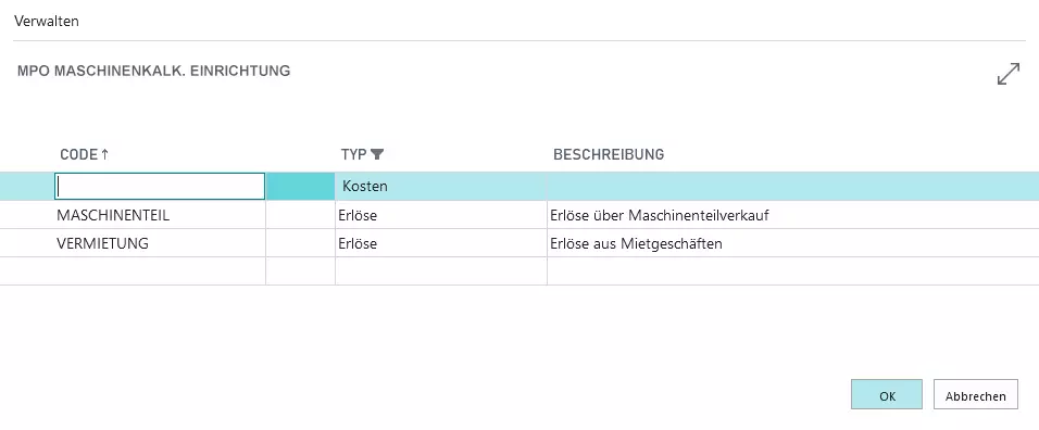 Neuen Eingabecode für Maschinenkalkulation erstellen