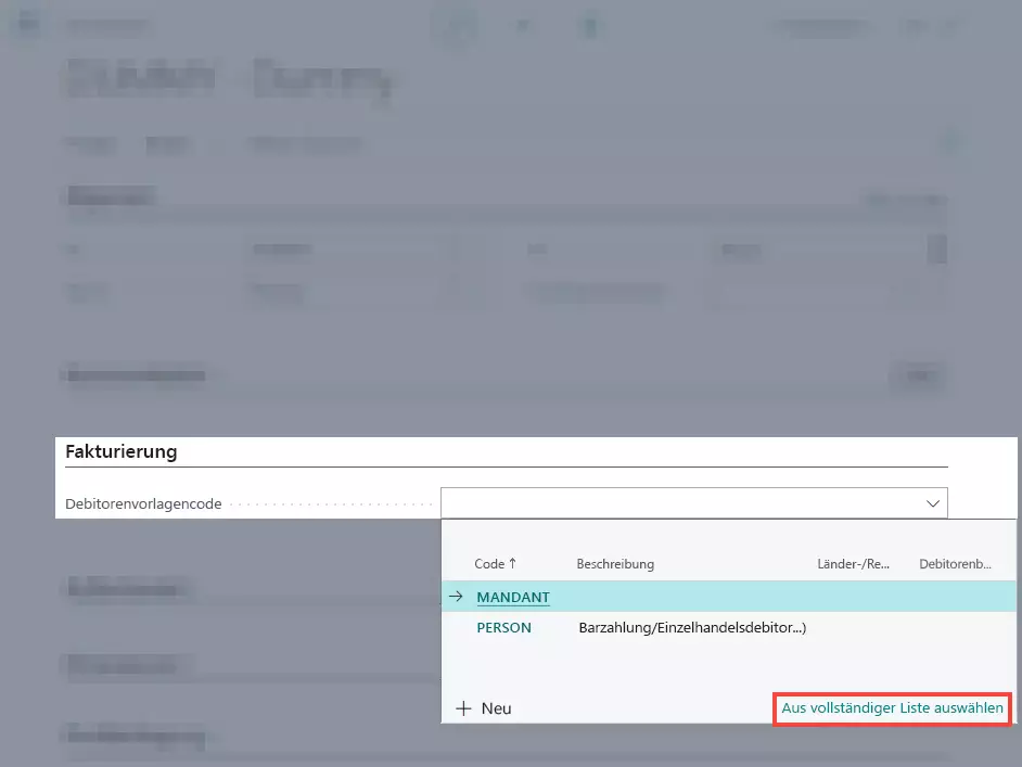 Debitorenvorlagencode definieren